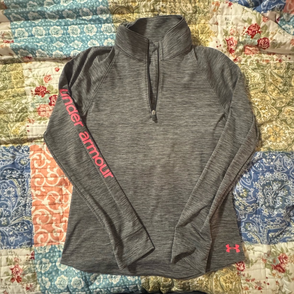 Under Armour Heather Gray Performance Pullover with Pink HeatGear Logo